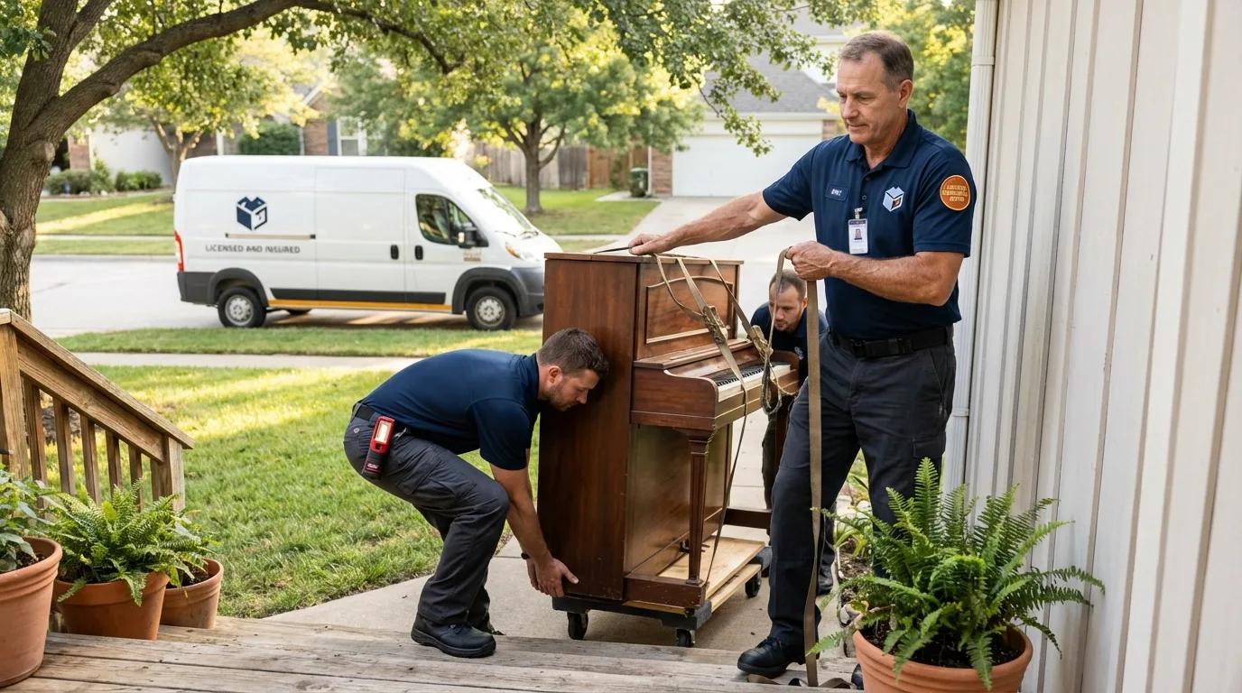 Licensed piano movers securing grand piano in Alexandria, SD