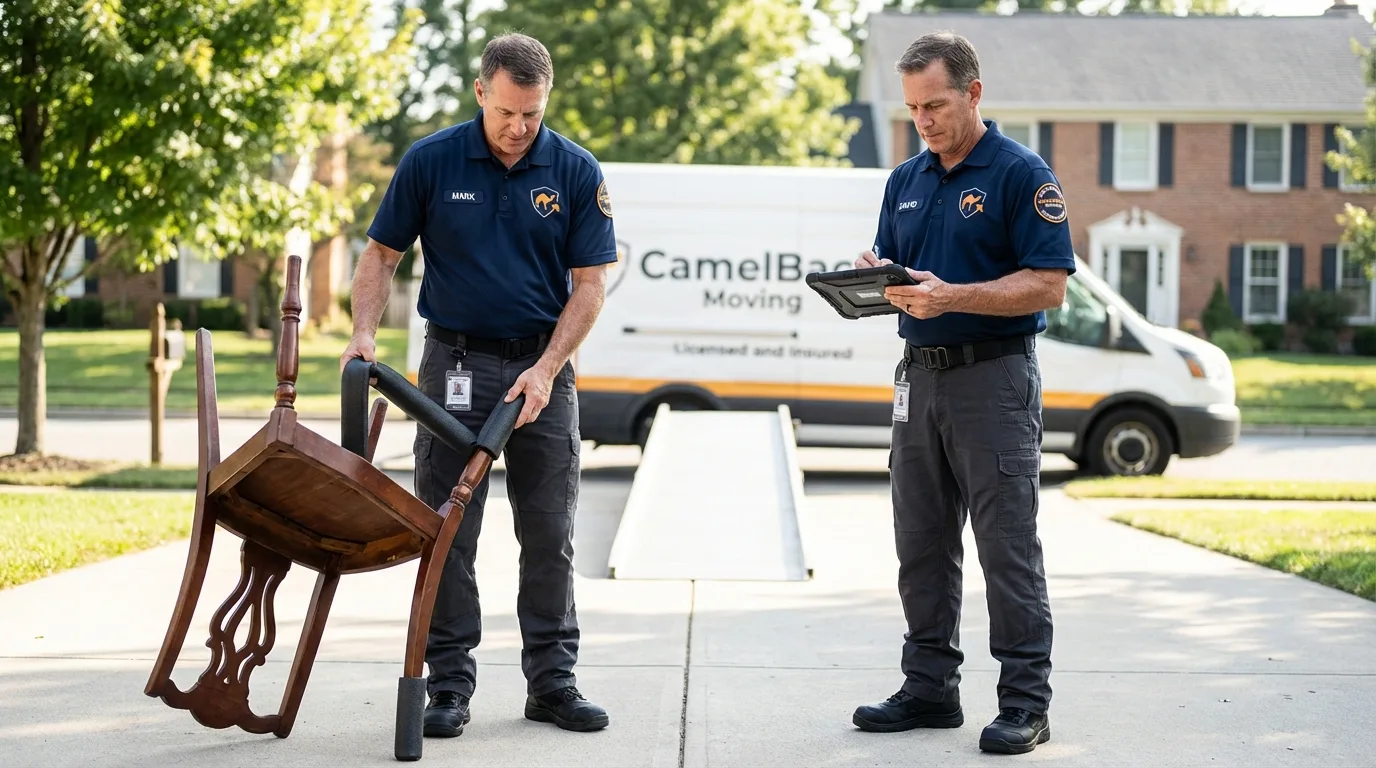 Movers inspecting furniture for damage prevention before loading in Alexandria, SD