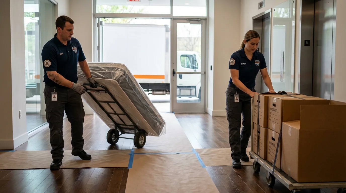 Professional apartment movers loading elevator in Alexandria, SD